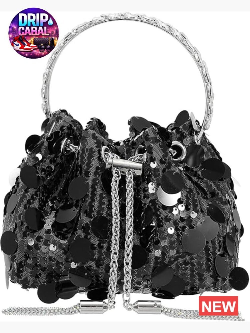 Sequin Drawstring Evening Bag Clutch Purse with Tassel, Detachable Strap